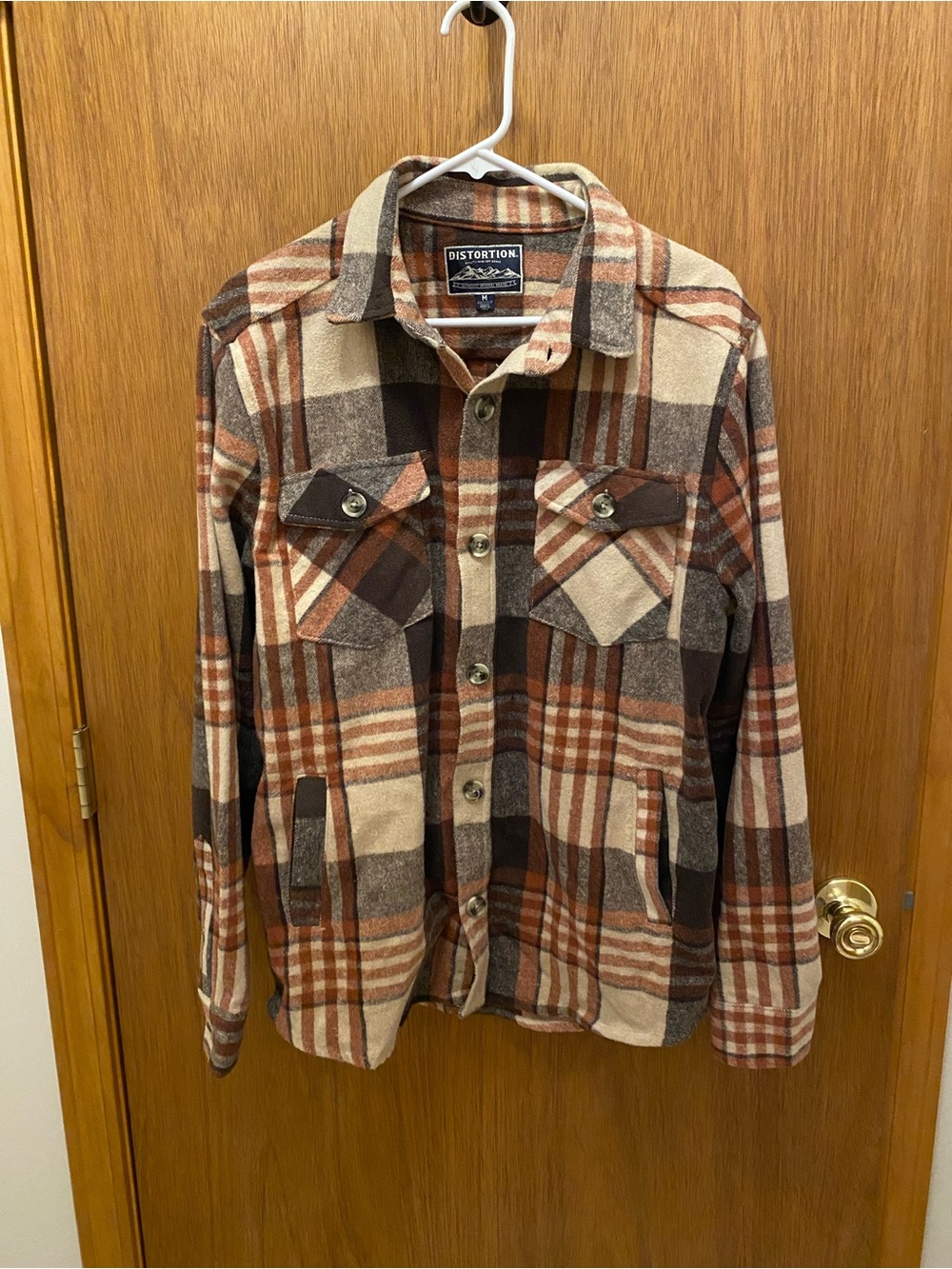 Distortion Men's Plaid Flannel Button-Up Shirt Brown Beige Orange Medium EUC